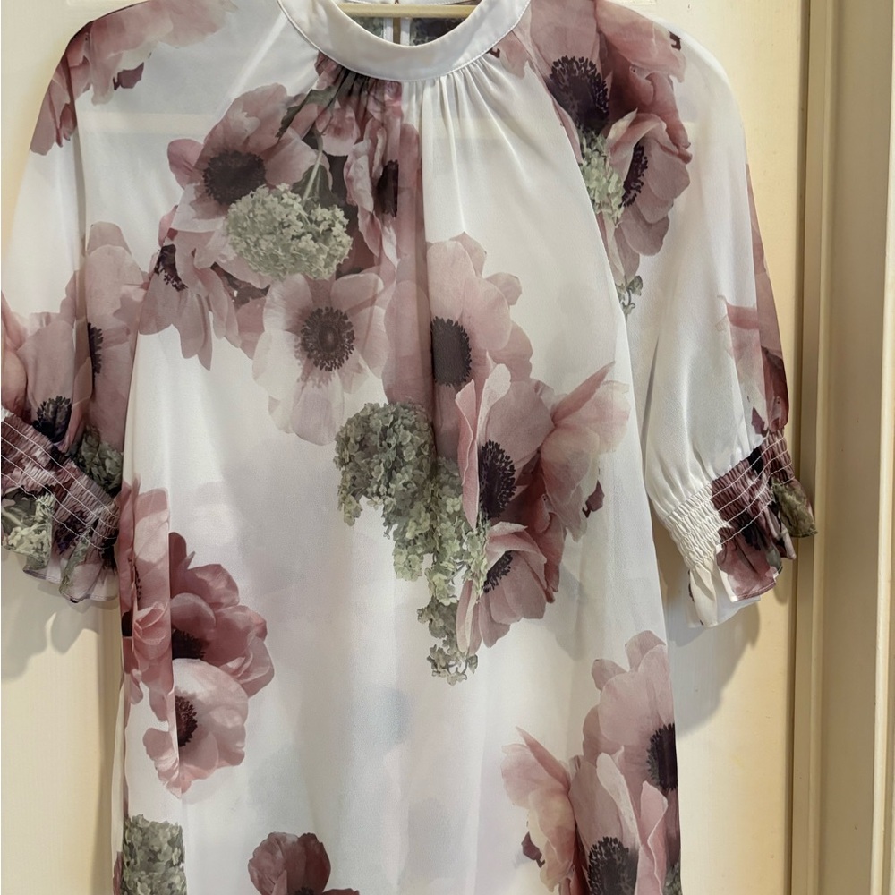 Ted Baker Cream, Mauve and Plum Chiffon Pleated Crew neck 3/4 Sleeve Blouse